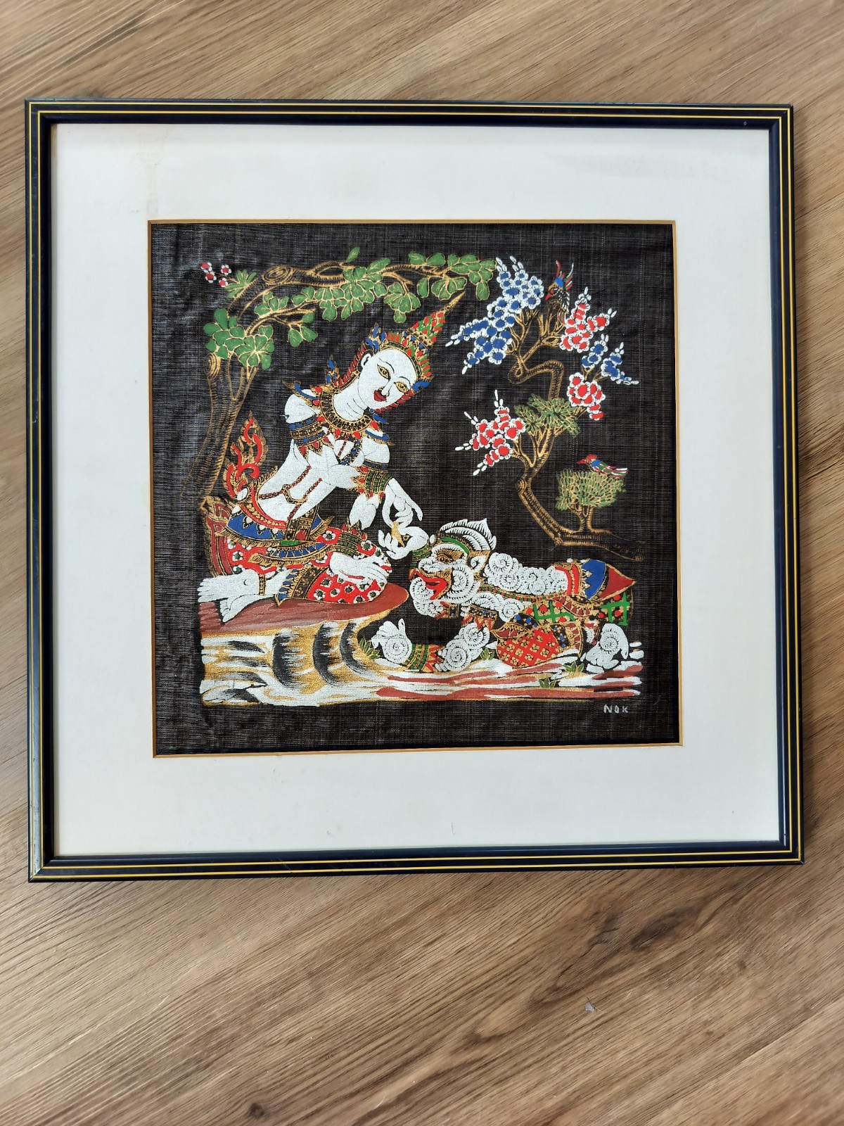 Vintage Thai Hand Painted Silk Painting Ramakien Hanuman Batik Framed Art 15x15