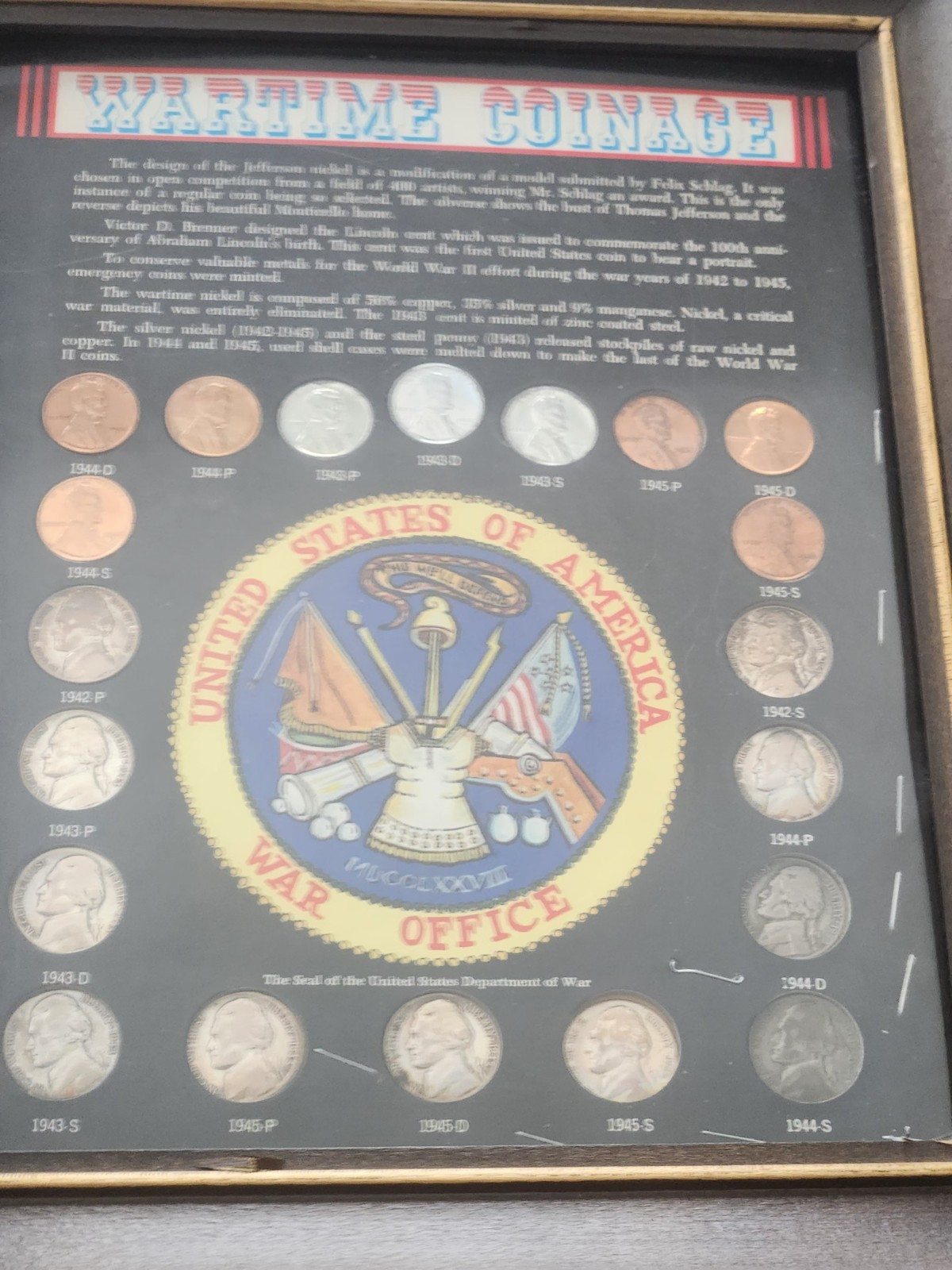 Vintage Wartime Coinage Framed Display set WWII Silver Nickels and Steel cents