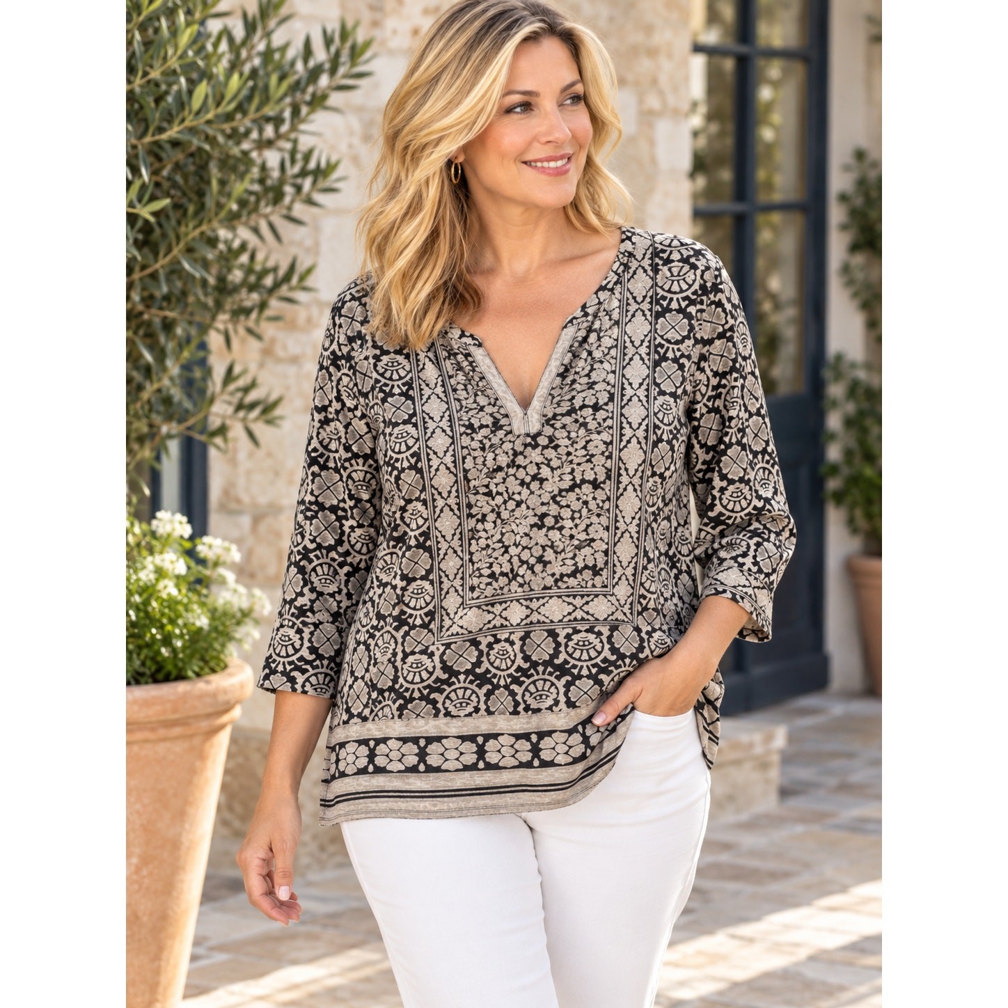Lucky Brand 3X Black Cream Boho Floral Print Tunic Top Cotton Modal