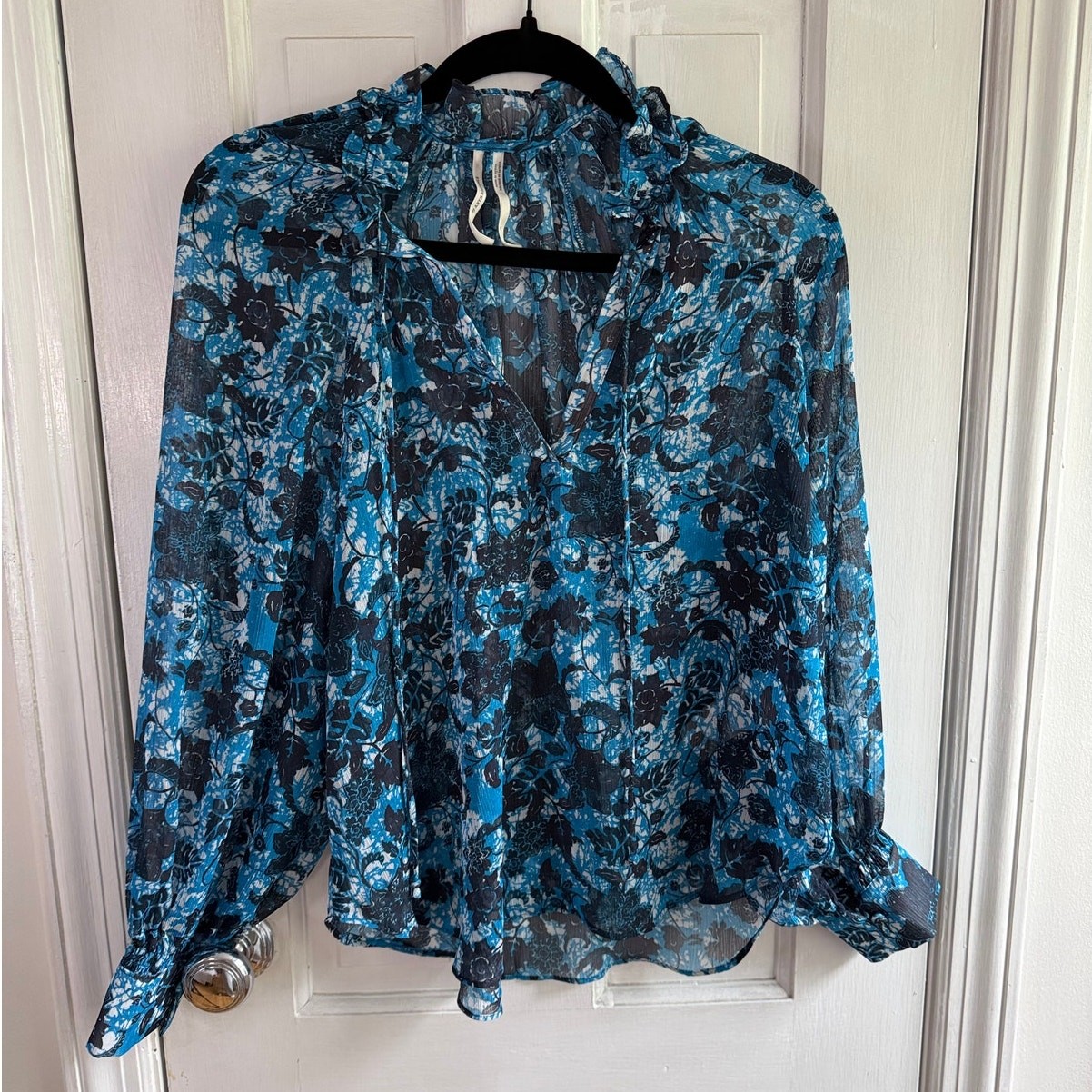 Anthropologie Blue Floral Sheer Blouse | Ruffle Neck | Size M | EUC