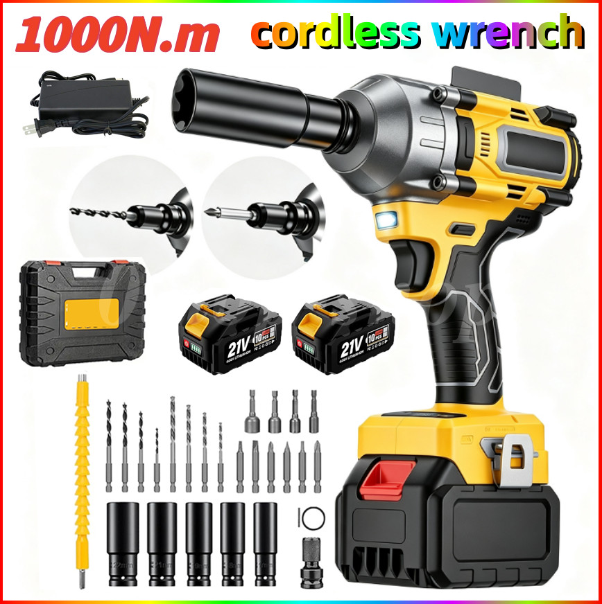 1000N.m Cordless Impact Wrench, Powerful Cordless Impact Gun W/ 2*4.0Mah Battry
