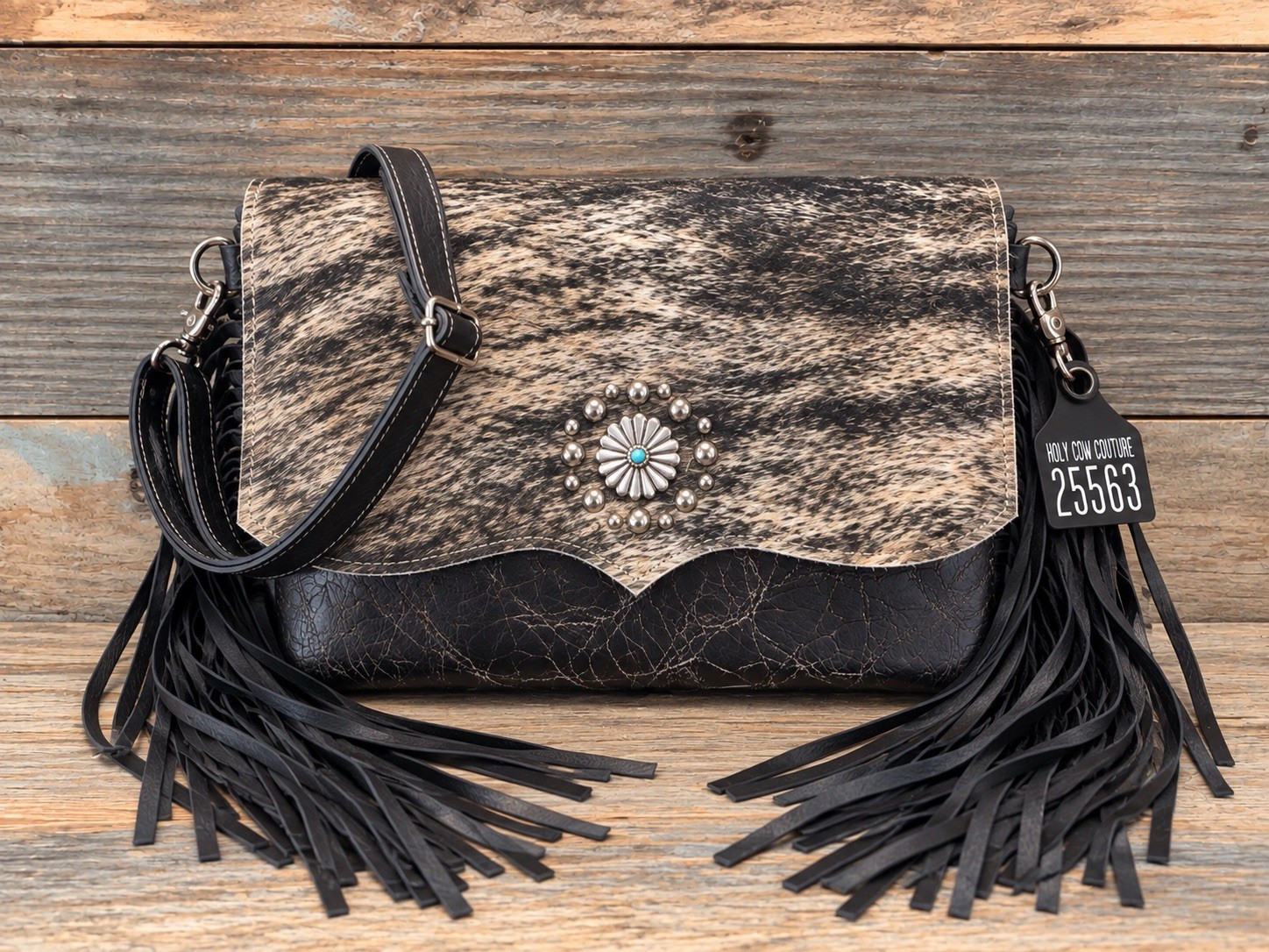 Holy Cow Couture Handbag Classy Cowgirl USA Handmade Hair On Hide Flap Black