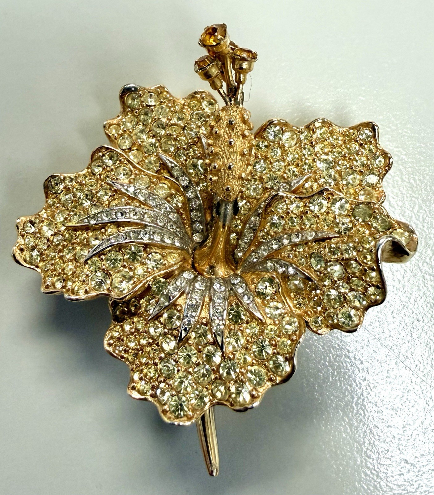 Rare Vintage Marcel Boucher 8106P Rhinestone Hibiscus Flower Brooch Signed