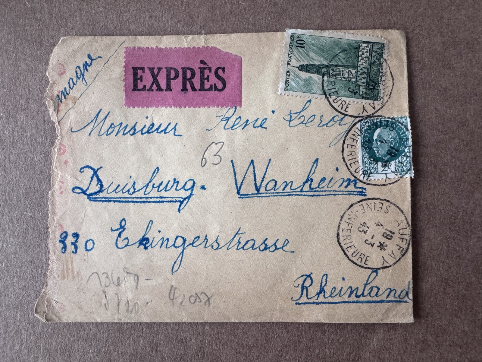 1943 France Express Censored Cover to Duisburg Germany 1943 France Express Censored Cover to Duisburg Germany