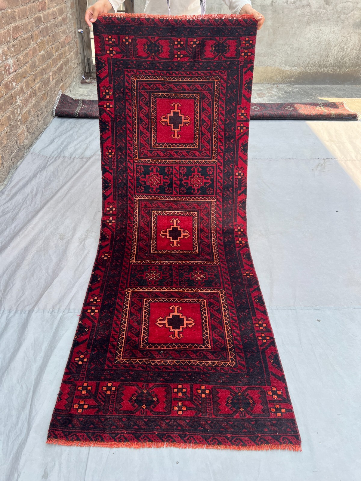 Vintage Caucasian Tribal Rug, 3x7 Red Hand-Knotted Runner Geometric Accent Rug