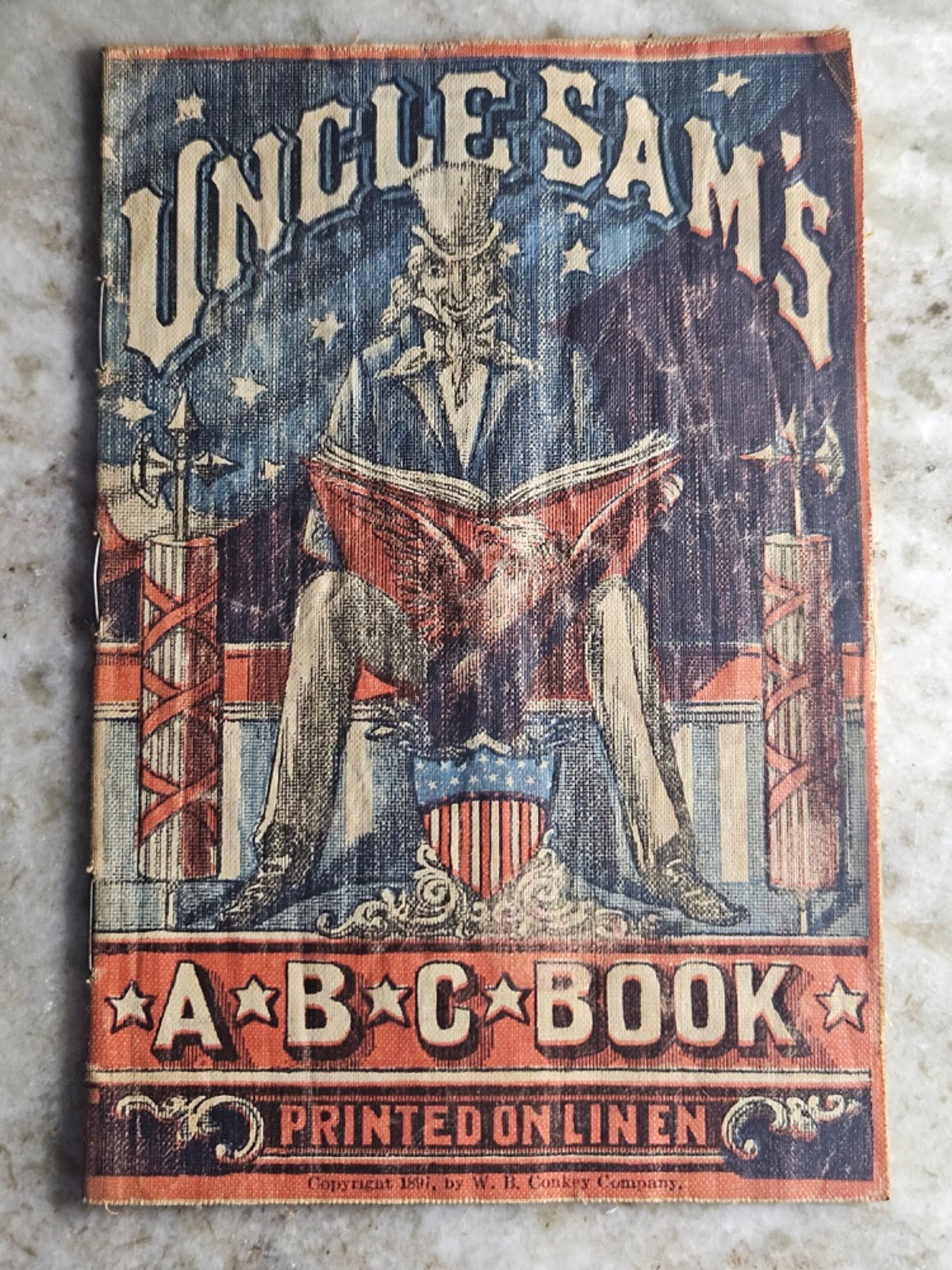 RARE 1887/1897 Uncle Sam’s ABC Book LINEN W.B. Conkey Victorian American Antique