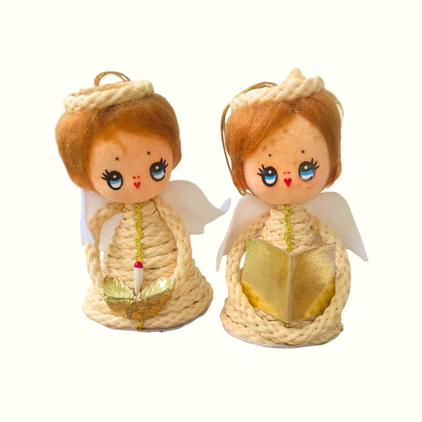 Vintage Japan Angel Ornaments Flocked faces big eyes 1950s Rope holiday Cherubs Vintage Japan Angel Ornaments Flocked faces big eyes 1950s Rope holiday Cherubs