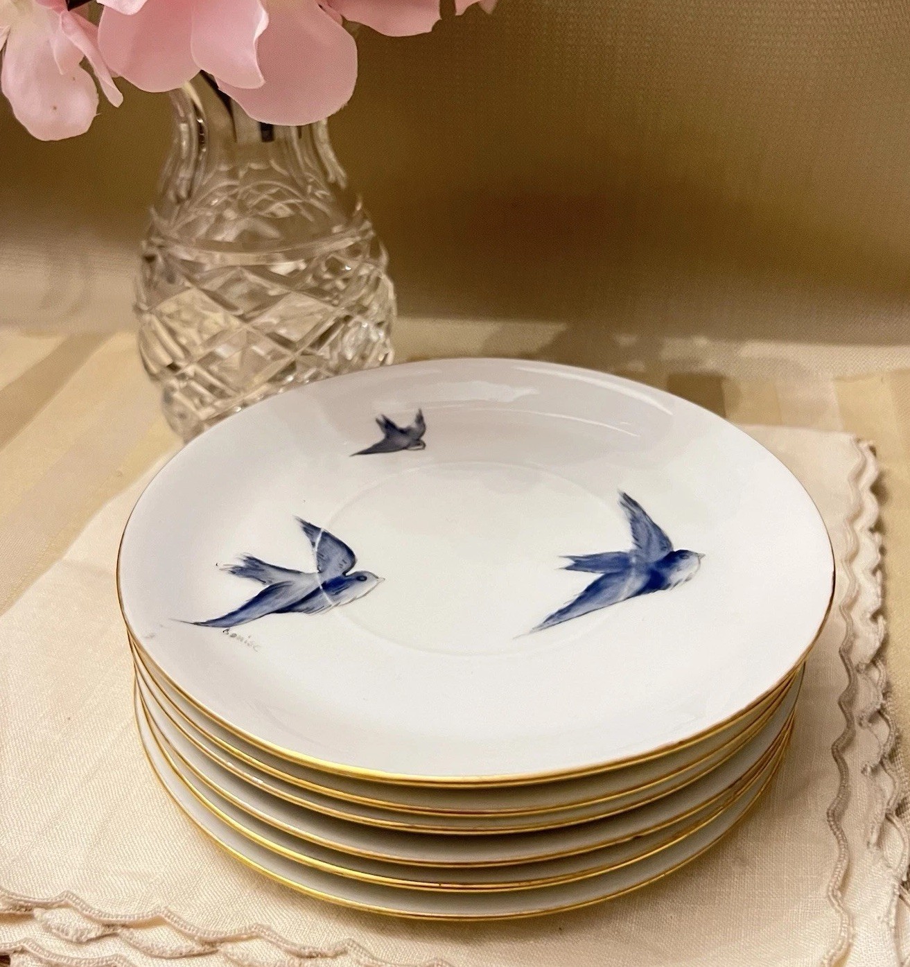 Antique Rosenthal Donatello Set Of 6 Blue Bird Dessert Plates Hand Painted 5.5”