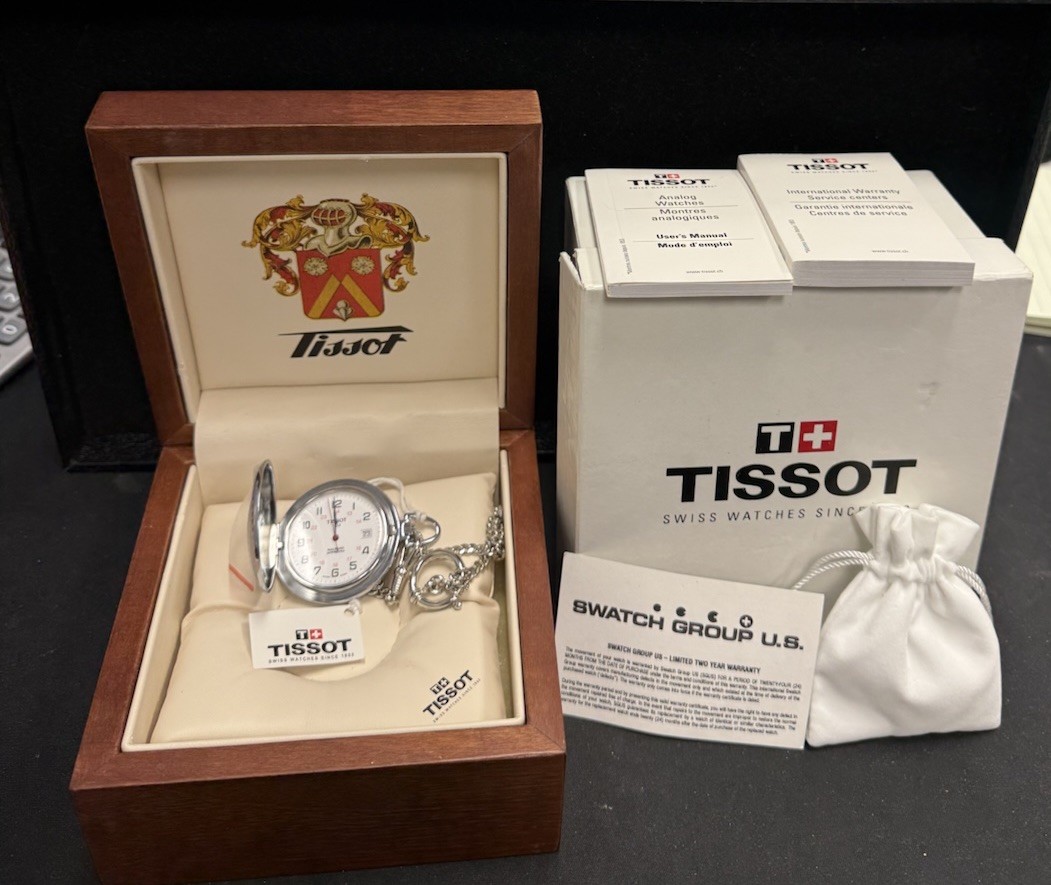 Brand New In Wooden Box Tissot 1853 Quartz Railroad Approved Pocket Watch Chain
