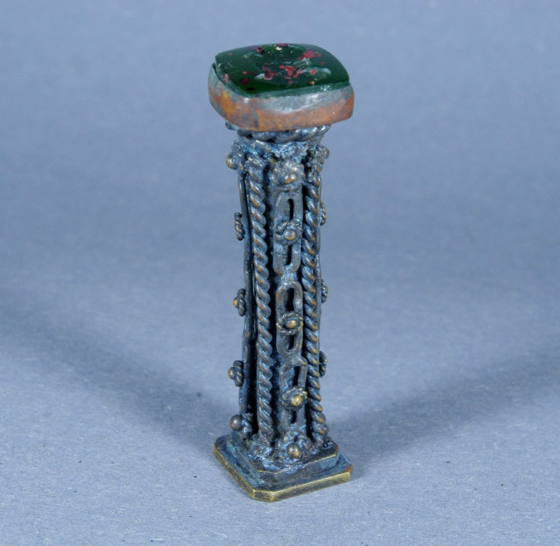 Antique 19thC Bronze Column Wax Seal Intaglio Bloodstone Heraldic Coat (№12\25)
