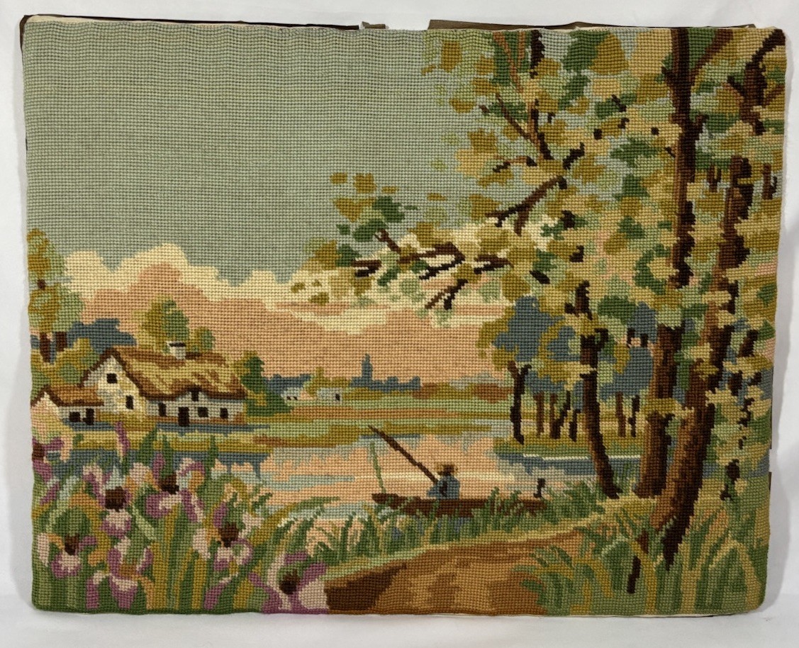 Vintage Finished Needlepoint Landscape Tapestry Panel Hand Embroidered 20