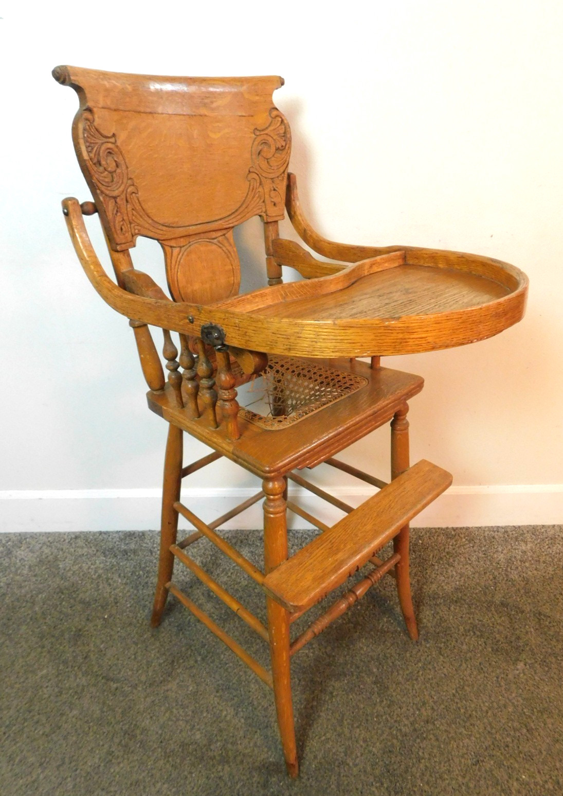 Antique 1900s Bentwood Oak Child\'s Highchair Cane Seat Victorian Chair Lift Tray