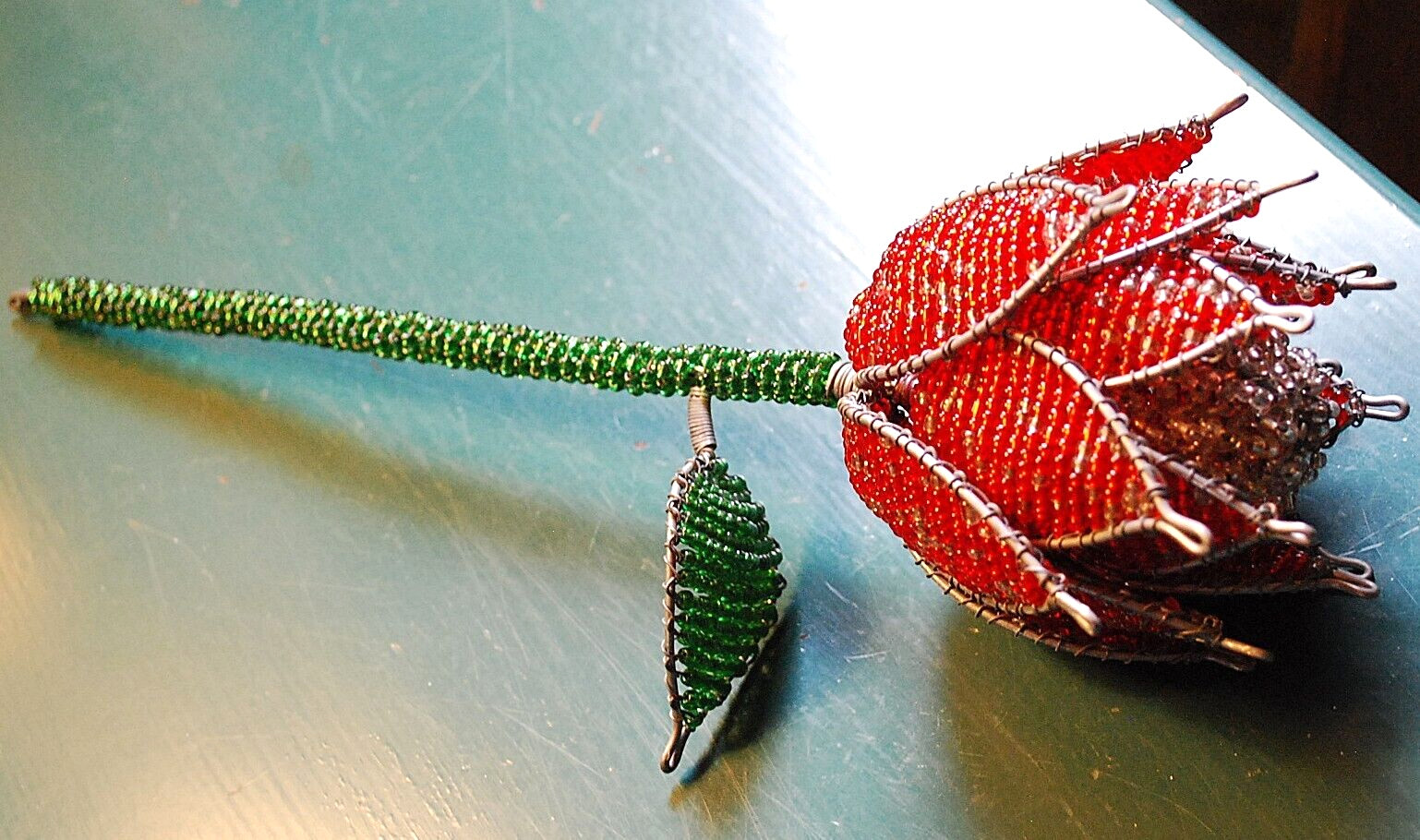 Vtg FRENCH GLASS SEED BEADED RED/CLEAR ROSE FLOWER & LEAF 12