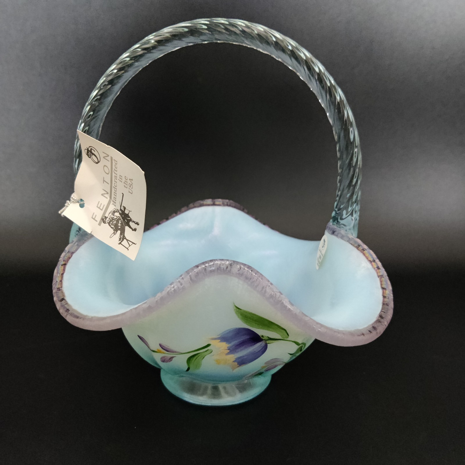 Fenton Aurora Basket Aquamarine Glass Lavender Edge Stretch Hand Painted Fenton Aurora Basket Aquamarine Glass Lavender Edge Stretch Hand Painted