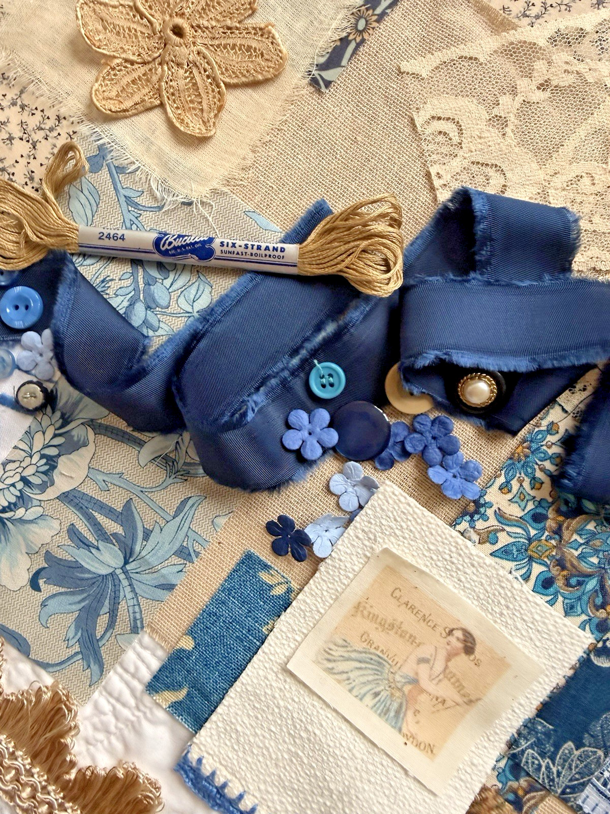 Beautiful Blues Fabric & Trims Kit Vintage Style Slow Stitching Journals