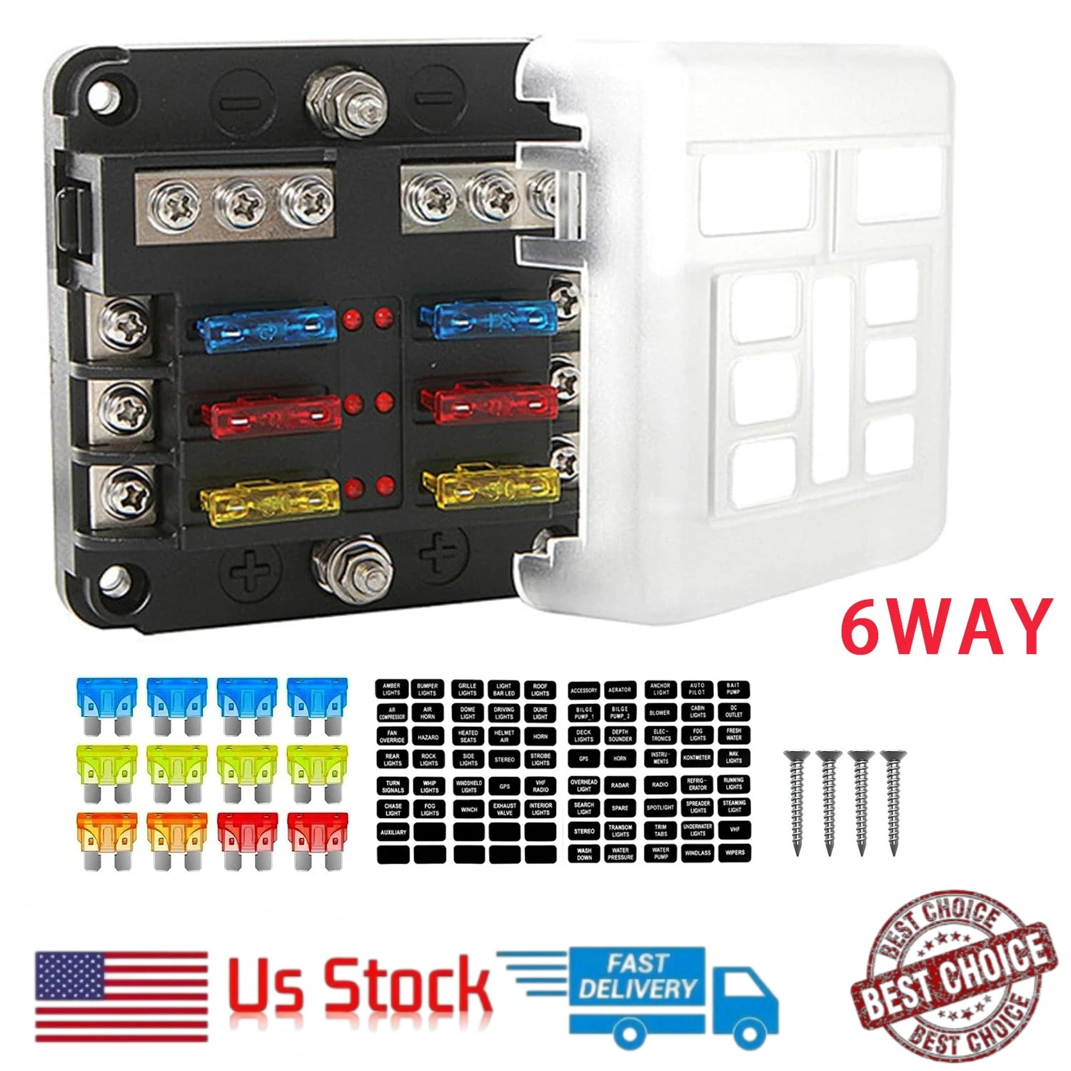 6 Way Car Boot Power Distribution 12/24V Blade Fuse Holder Box Block Panel Board