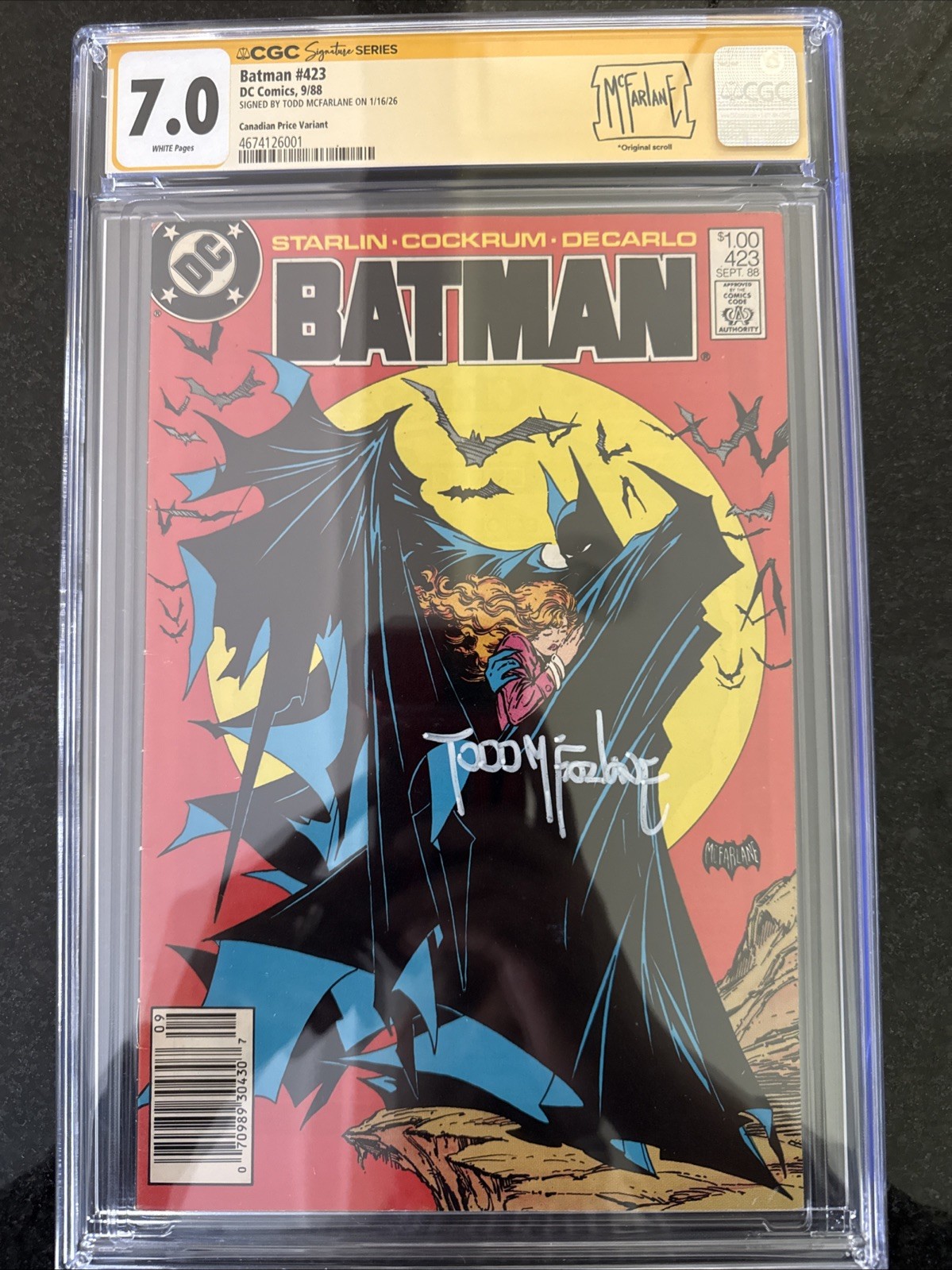 Batman #423 (1988) CGC 7.0 CANADIAN Price Variant Signed Todd McFarlane - RARE Batman #423 (1988) CGC 7.0 CANADIAN Price Variant Signed Todd McFarlane - RARE