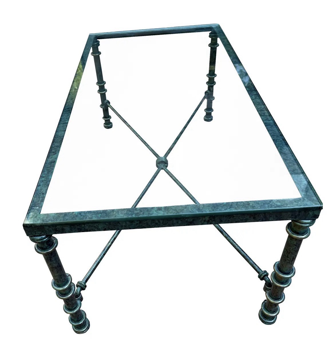 Vintage Brutalist Coffee Table Giacometti Style Wrought Iron Glass Verdigris 70s