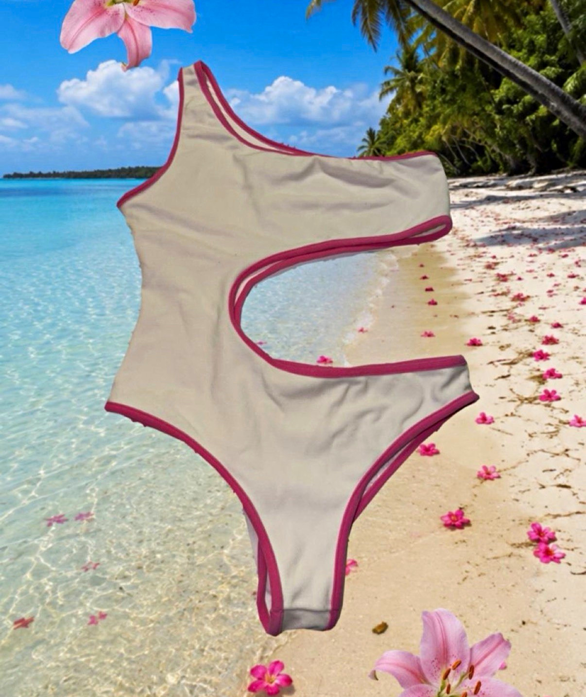Frankies Bikinis Women’s One-Piece Swimsuit L White Pink Trim One Strap Cutout Frankies Bikinis Women’s One-Piece Swimsuit L White Pink Trim One Strap Cutout