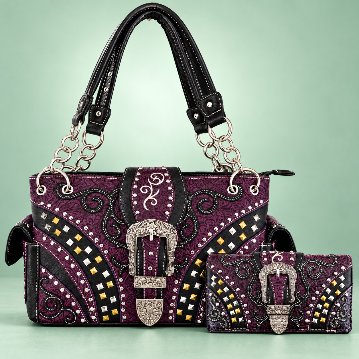 Women’s Purple Western Buckle Purse & Wallet Set Studded Vegan PU Leather Handba