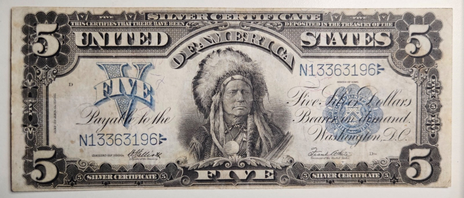 1899 $5 silver certificate indian chief FR. 280 Elliott/White Higher Grade 1899 $5 silver certificate indian chief FR. 280 Elliott/White Higher Grade