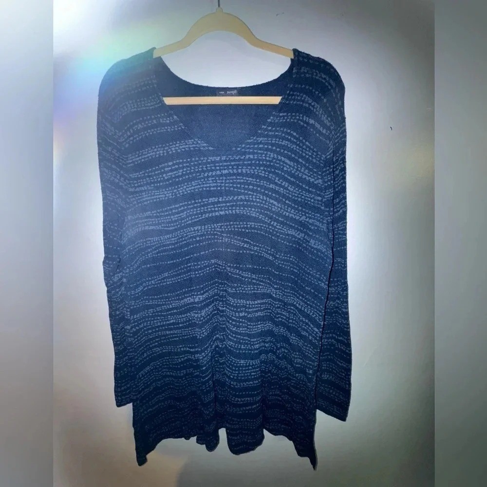 J. Jill Pure Jill Women Tunic Indigo Blue Long Sleeve V-Neck Stripe Shirt L