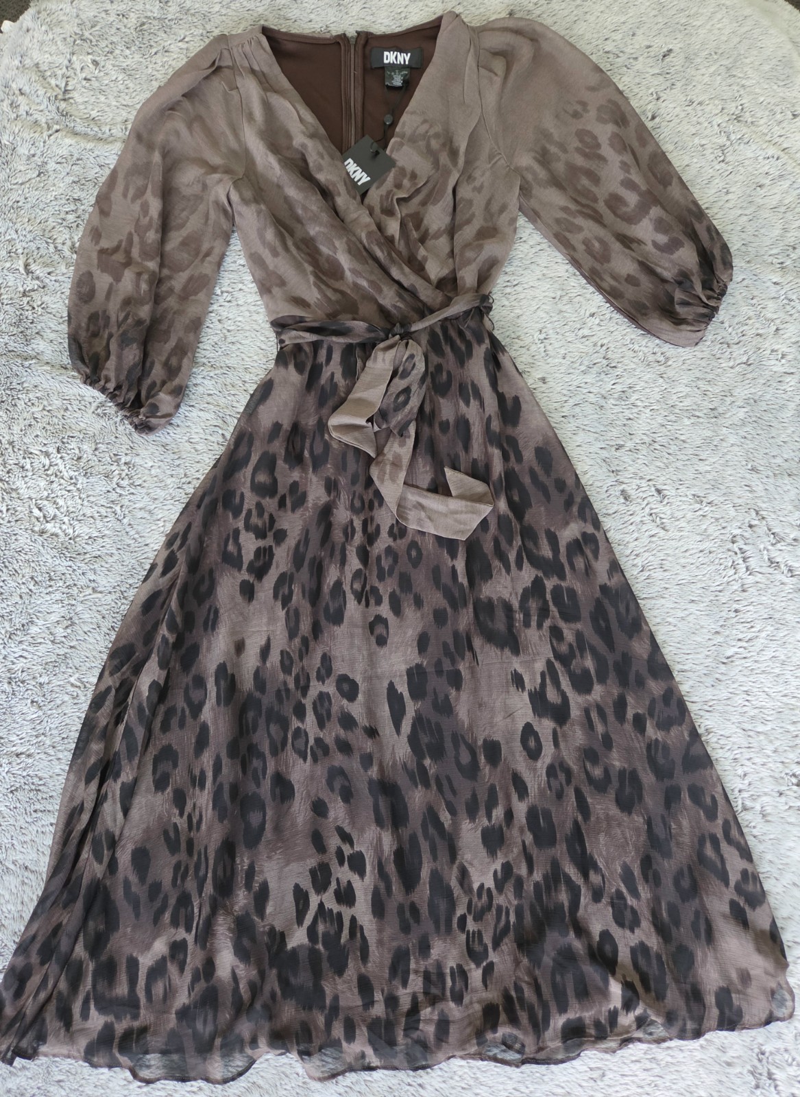 Womens DKNY balloon sleeve faux wrap midi brown ombre animal print dress Sz 2 Womens DKNY balloon sleeve faux wrap midi brown ombre animal print dress Sz 2