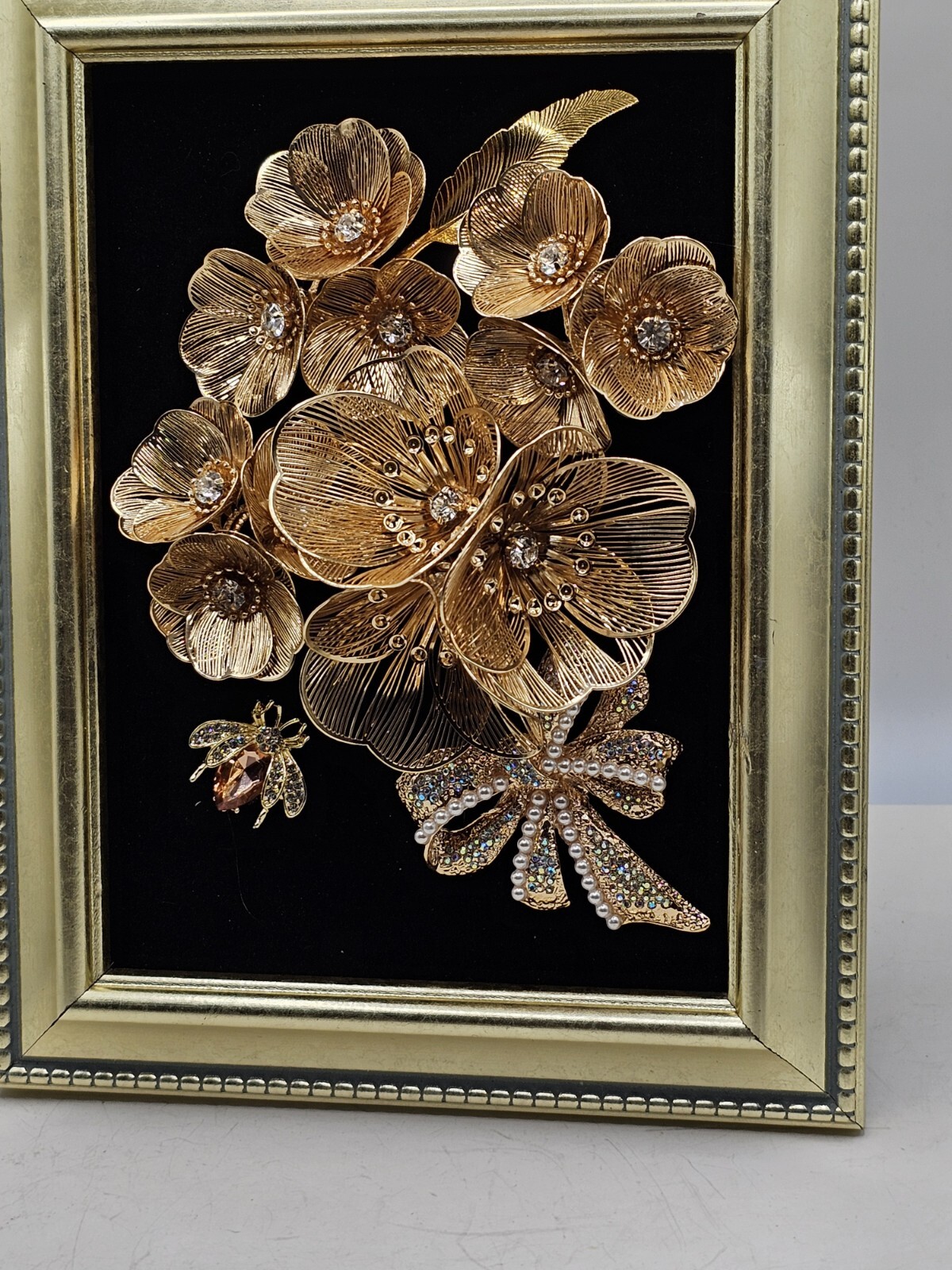 Vintage Style 3D Floral Wall Art Frame Gold Black Shadow Box Style Flowers OOAK Vintage Style 3D Floral Wall Art Frame Gold Black Shadow Box Style Flowers OOAK