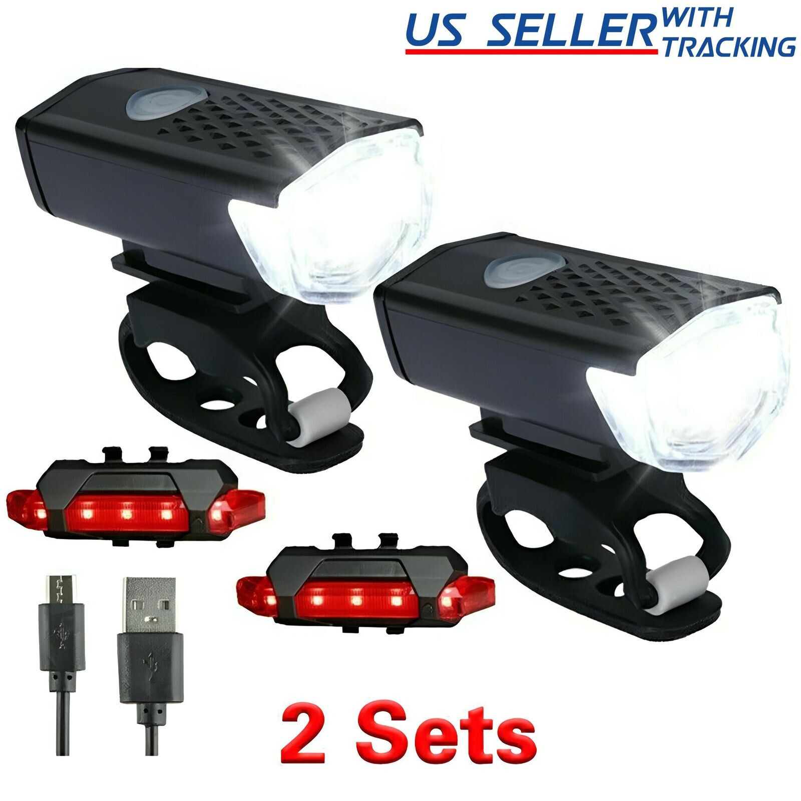 2 Sets USB Rechargeable LED Bicycle Headlight Bike Front Rear Lamp Cycling NEW 2 Sets USB Rechargeable LED Bicycle Headlight Bike Front Rear Lamp Cycling NEW