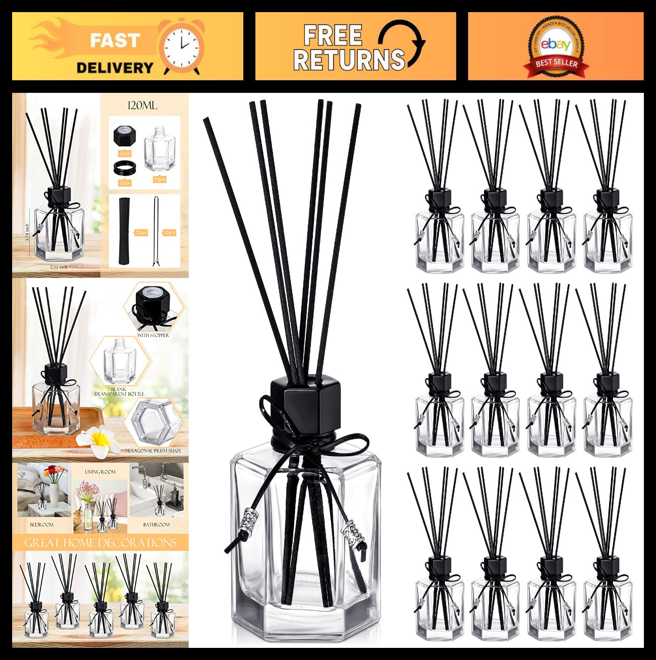 12 Set 120ml Reed Diffuser Bottles - Empty Glass Jars for Home Fragrance Decor