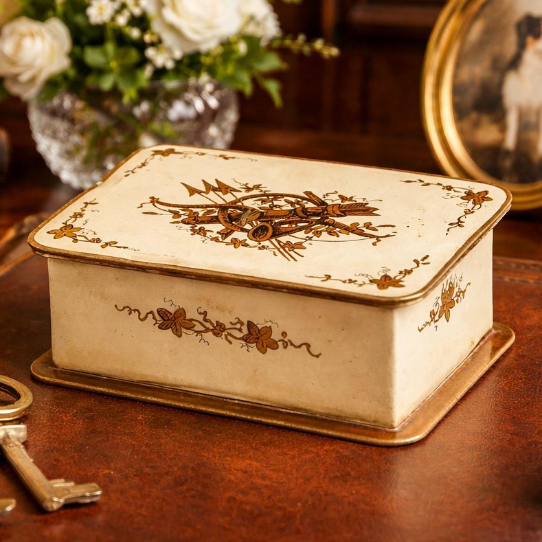 Vintage French Hand Painted Pressed Metal Trinket Jewelry Desk Box