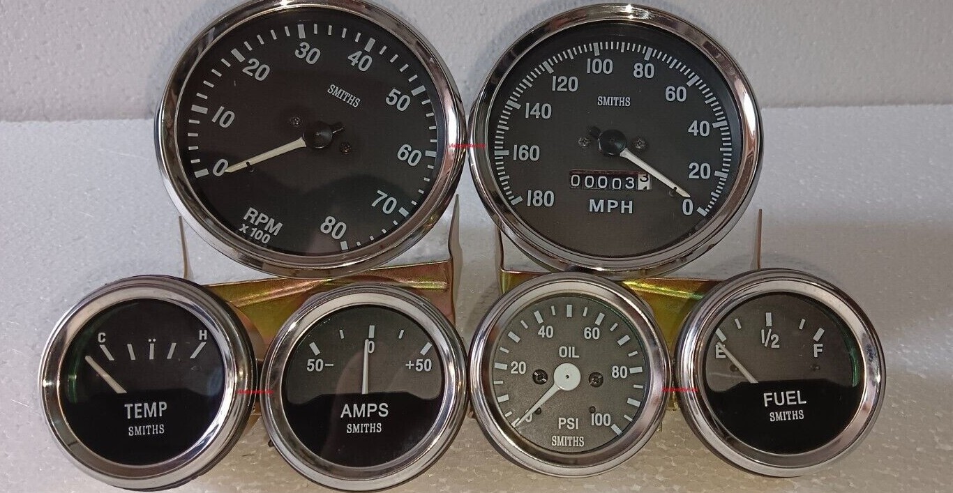 Smiths Replica Kit- Elec Temp + Oil + Fuel + Amp Gauge+Speedometer +Tacho 100 mm Smiths Replica Kit- Elec Temp + Oil + Fuel + Amp Gauge+Speedometer +Tacho 100 mm