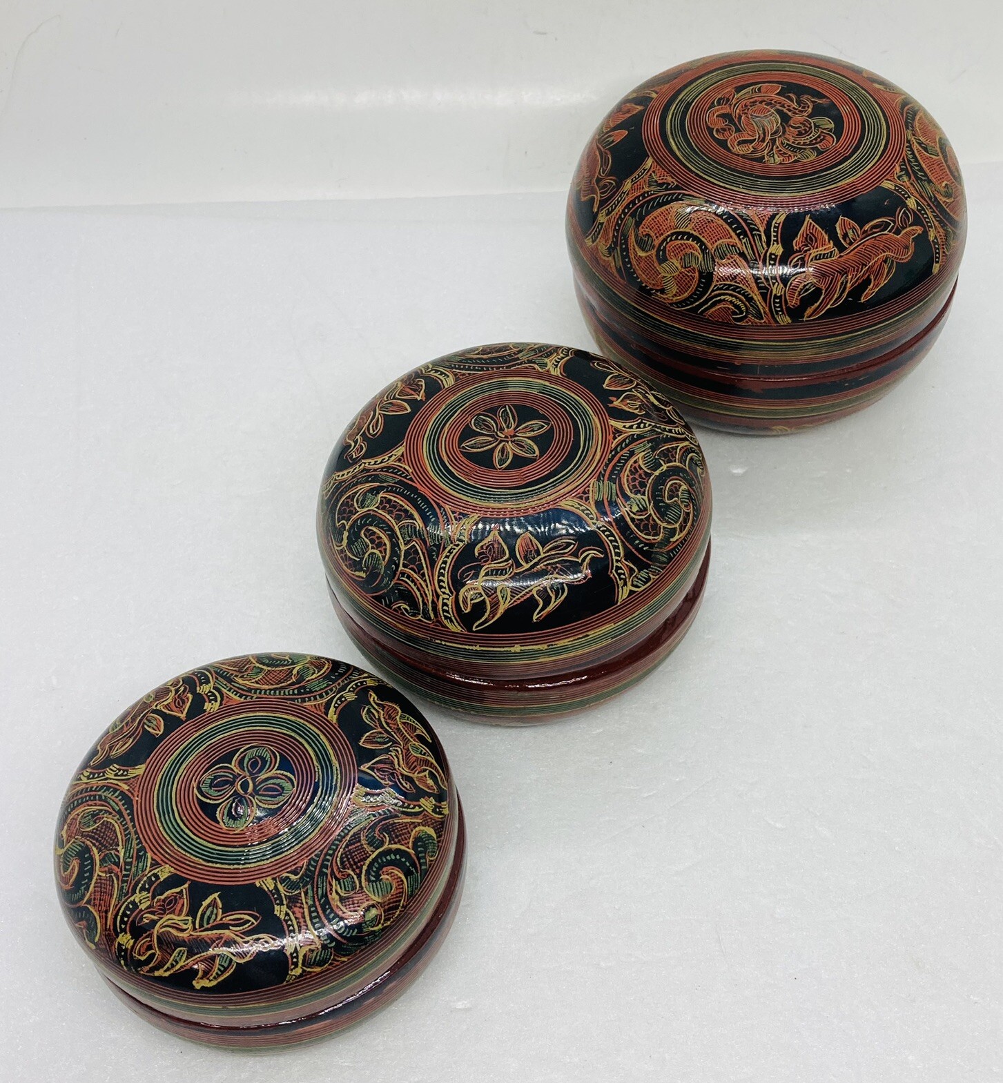 Rare 1970s Japanese Lacquered Trinket Box Triple Stack Peacock Folk Ornate 36