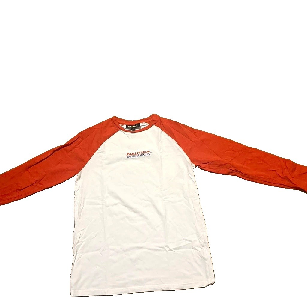 Nautica Men\'s Cotton Knit Crew Neck Long Sleeve Logo T-Shirt White/Orange Nautica Men\'s Cotton Knit Crew Neck Long Sleeve Logo T-Shirt White/Orange