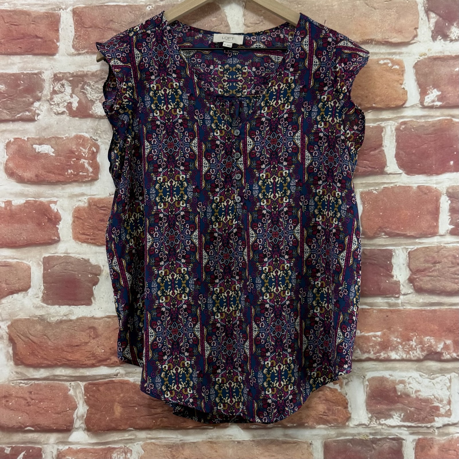 Ann Taylor Loft Top Womens Medium Purple Multicolor Boho Chic Floral Shirt