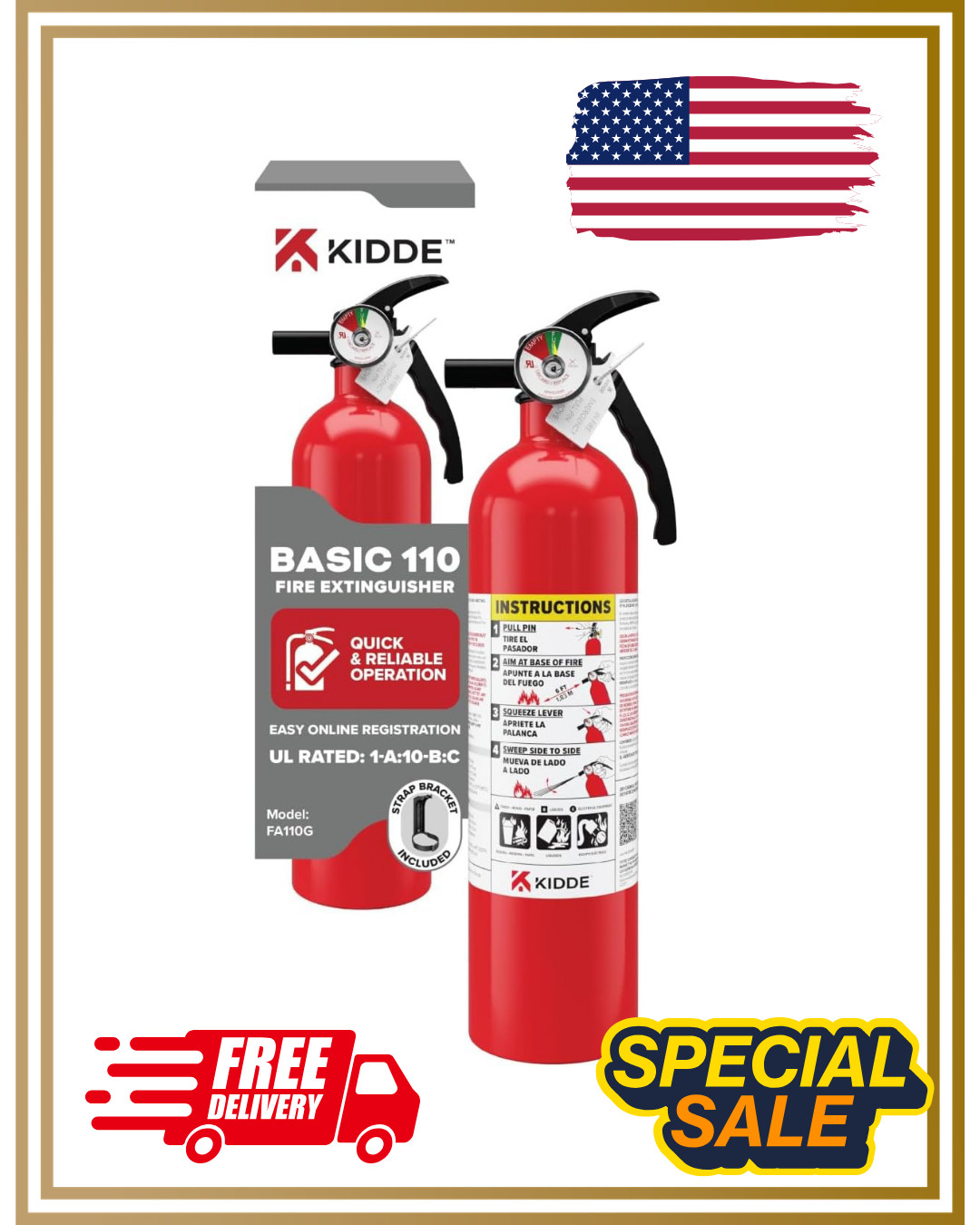 Kidde Basic 110 Fire Extinguisher for Home, 1A10BC, FA110G, 1 Pack