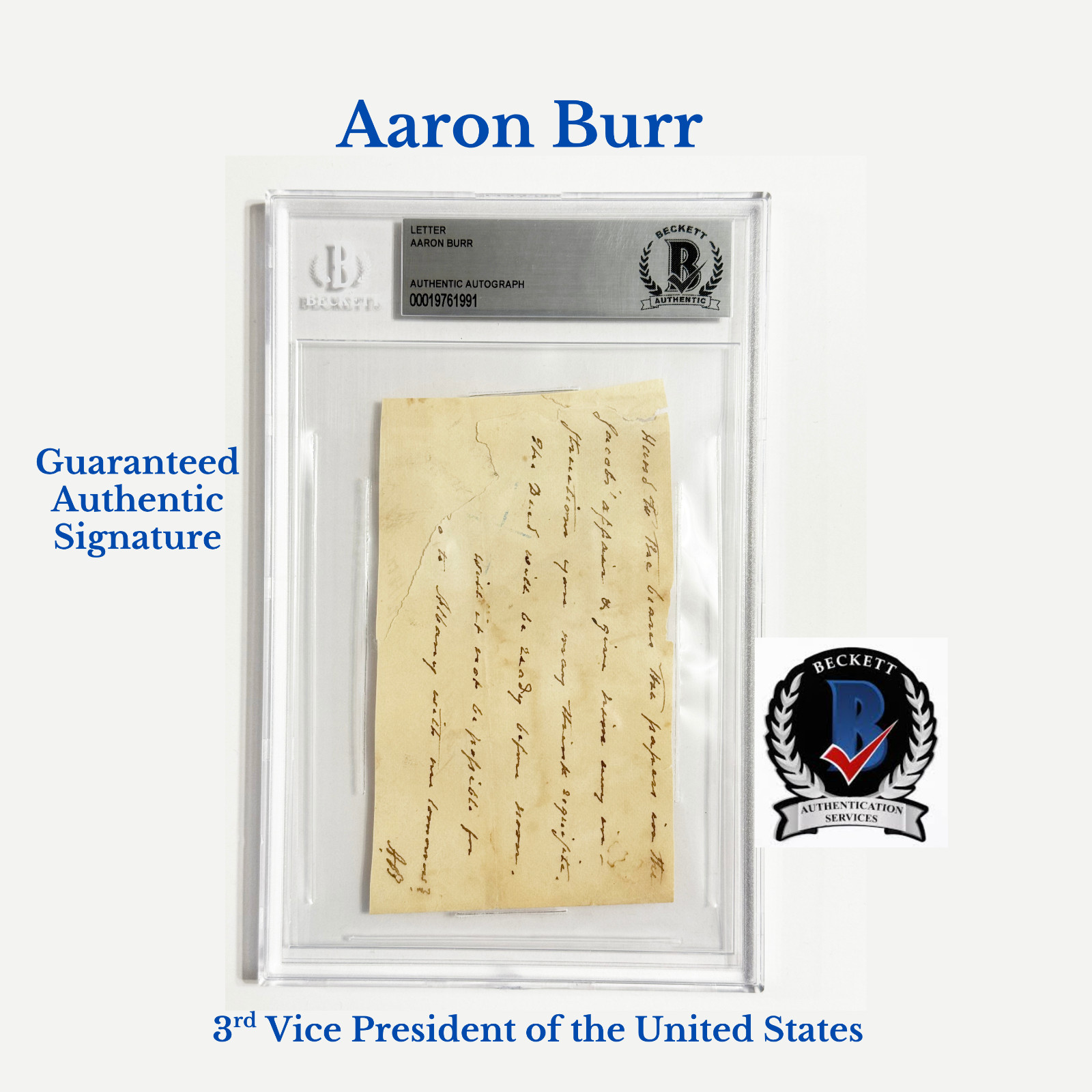 Aaron Burr Signed Handwritten Letter Original Autograph Beckett BAS COA Slabbed