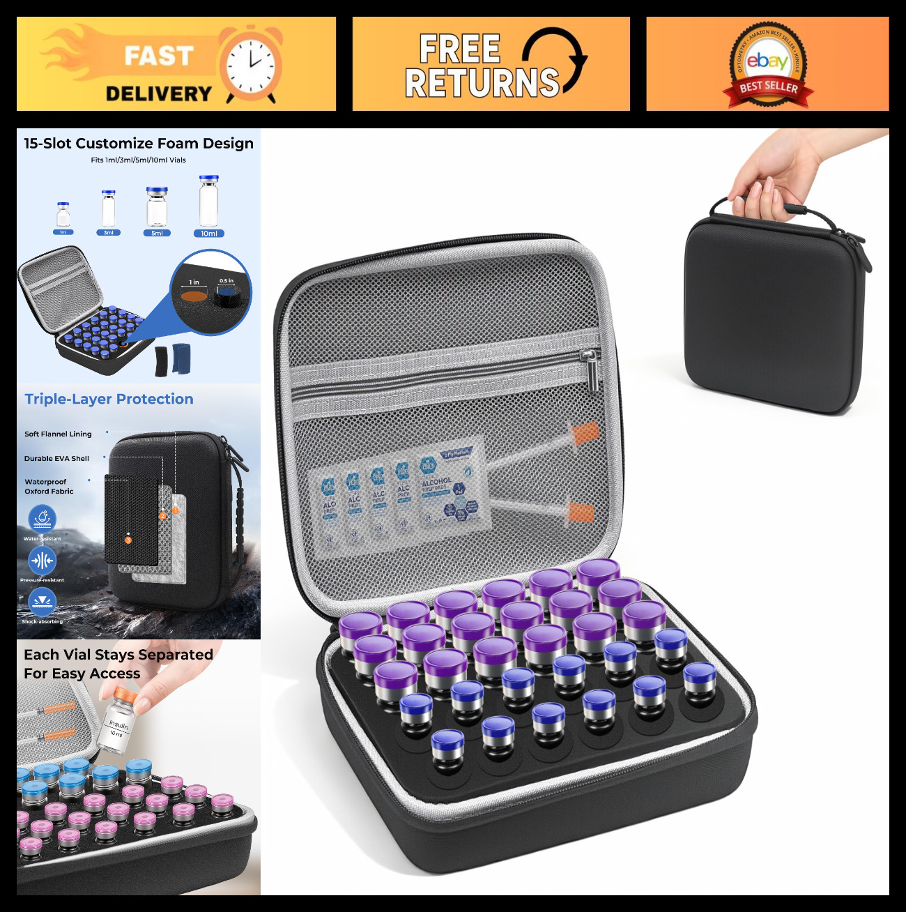 Hard Shell 30-Slot Vial Organizer for 1-10ml Vials | Adjustable Foam & Mesh Pock