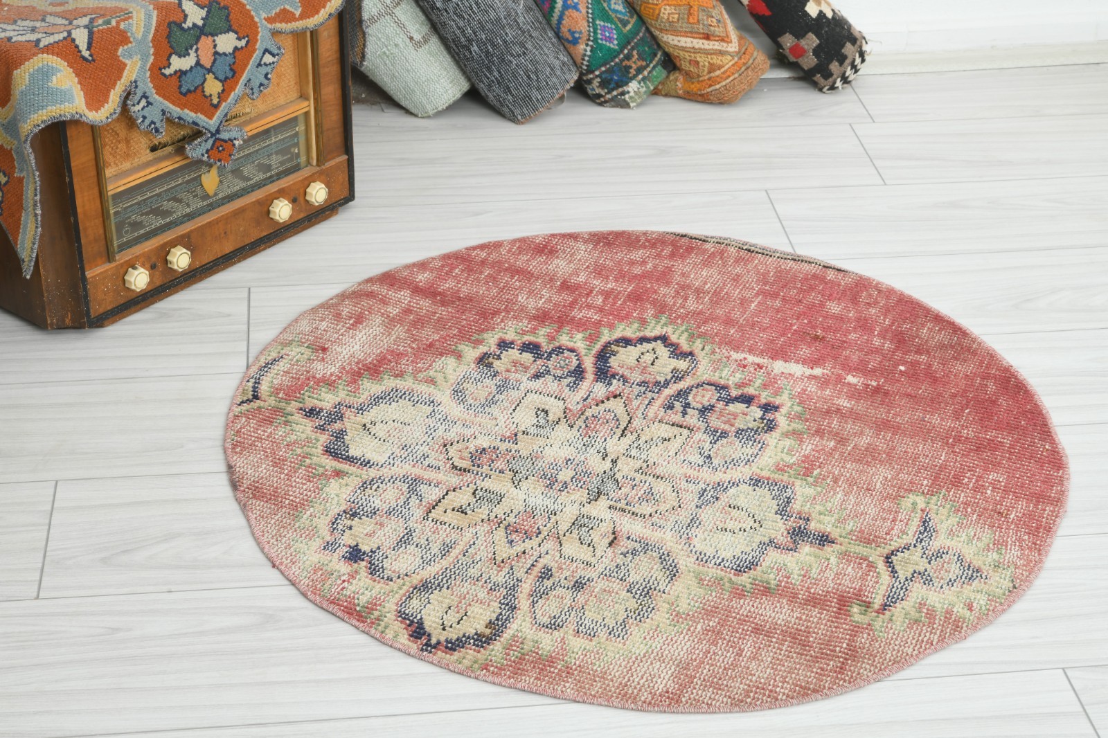 3x3 Turkish Round Rug Hand-Knotted Vintage Small Pastel Oushak Mini Carpet,436