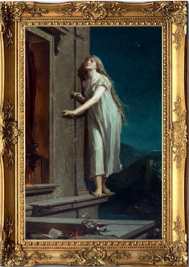 Hand Painted Lady At Doorway Dark Night Oil Painting Vintage Classical Art Decor