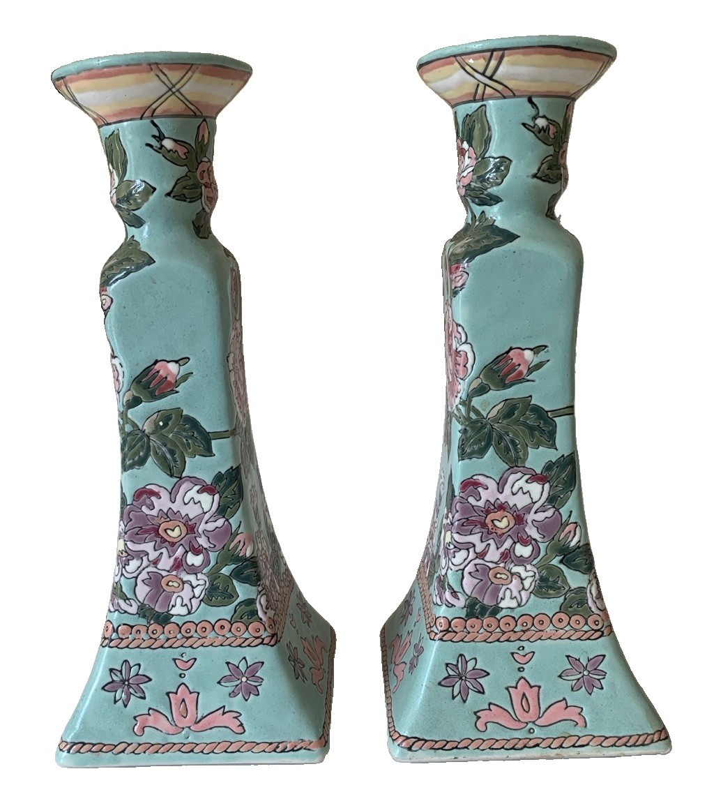 VTG Gloria Vanderbilt Nora Fenton Porcelain Candlesticks Pair Chinoiserie 1992
