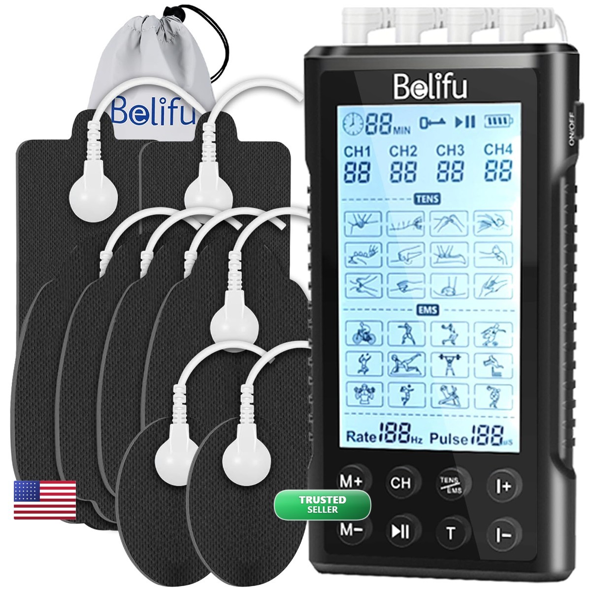 Belifu 4 Channel Tens Unit Electro Muscle Stimulator Fully Isolated Independent