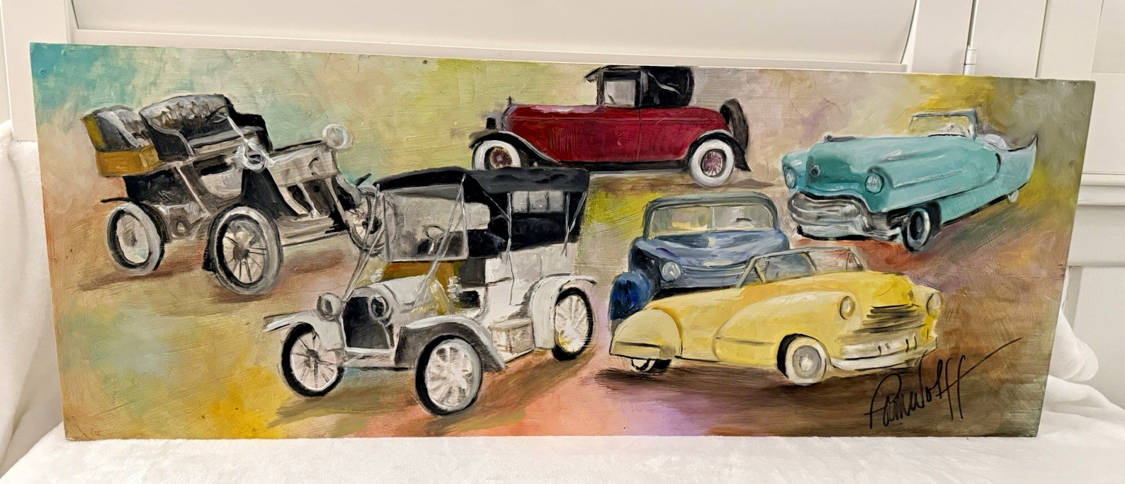 Original Texas Oil Painting on Wood Cadillac Cars Through the Years. 