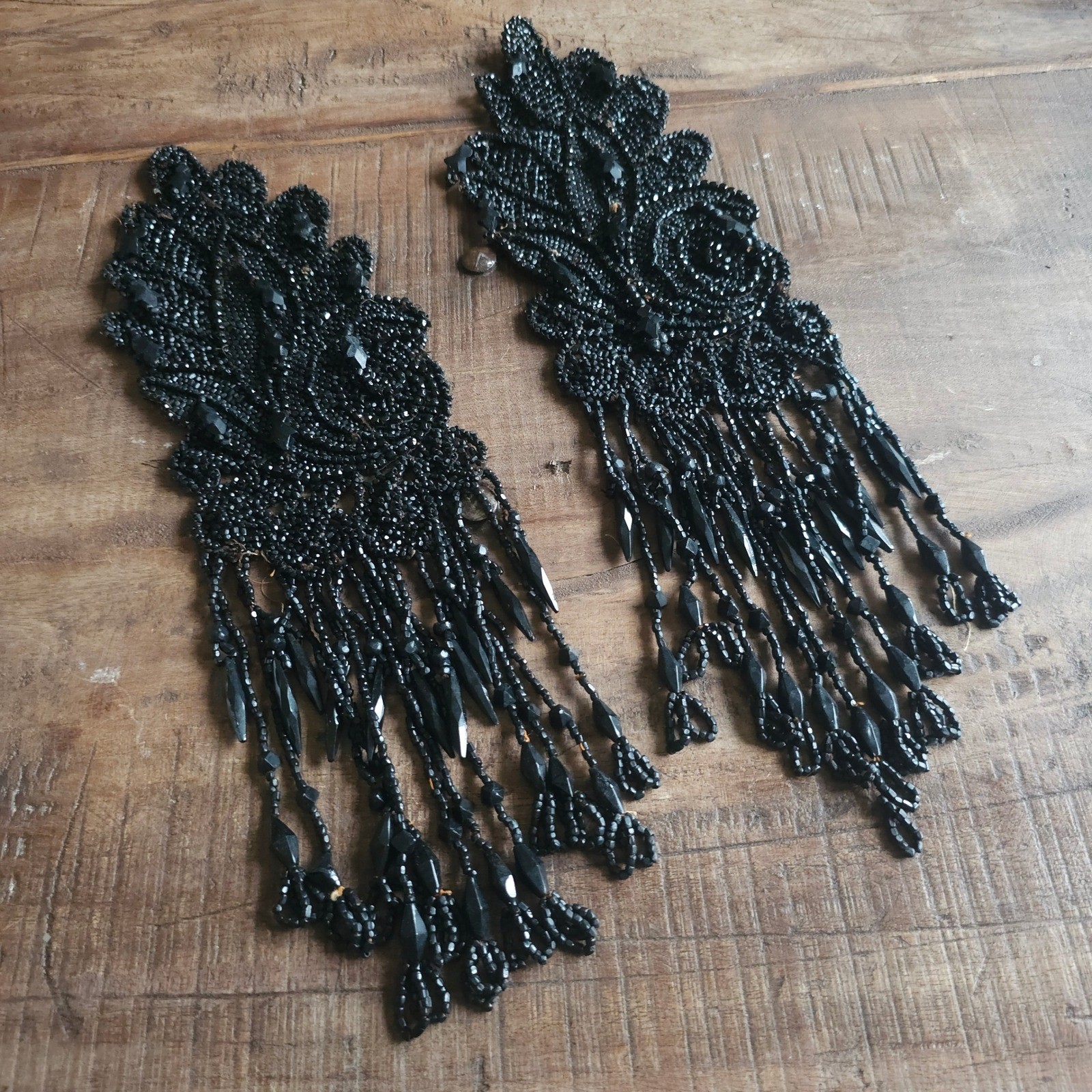 Antique Victorian Jet Black Beaded Fringe Appliques Floral Mourning Trim Set 2