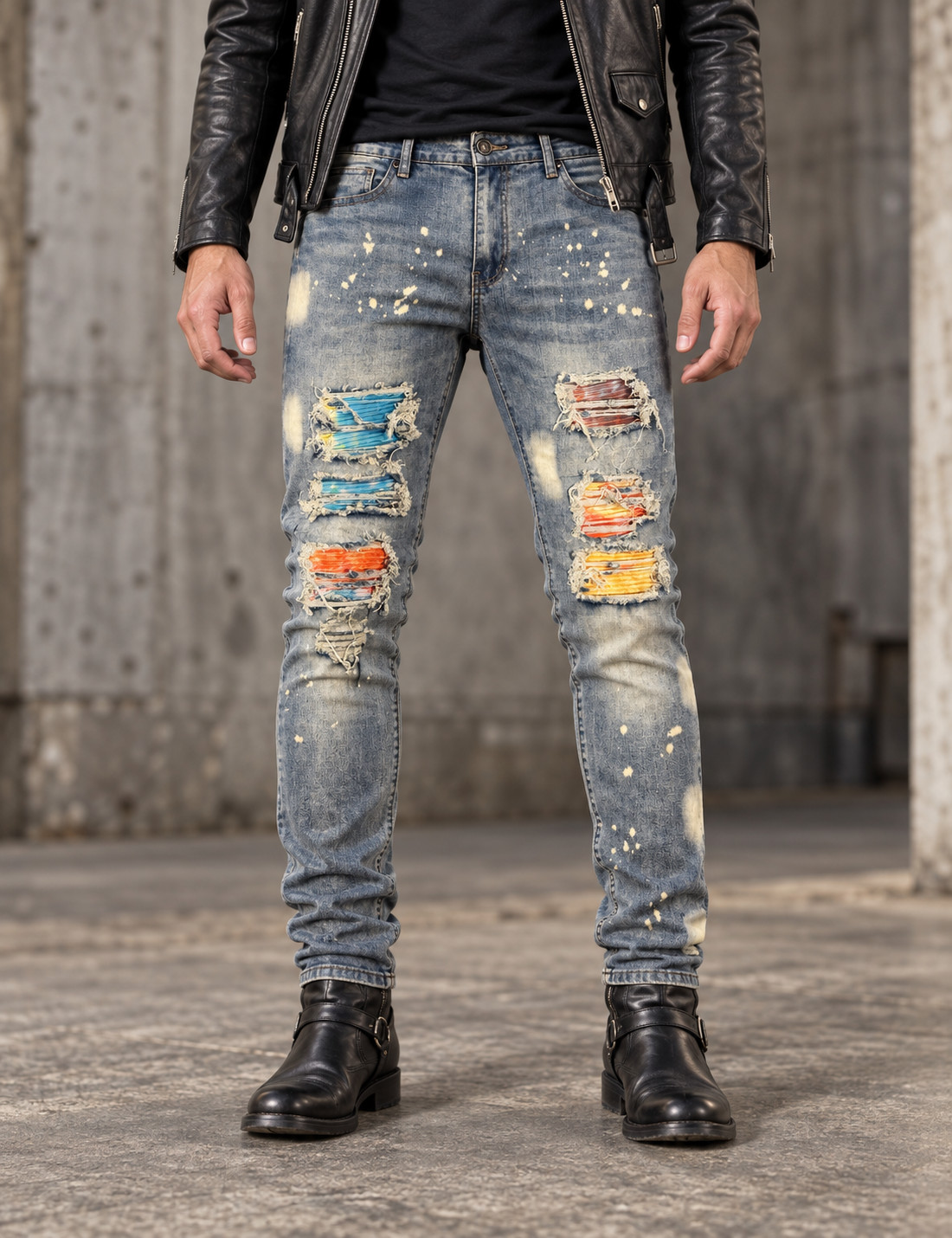 Waimea Men\'s Skinny Fit Jeans 36x32  Multicolor Patch Rocker Style