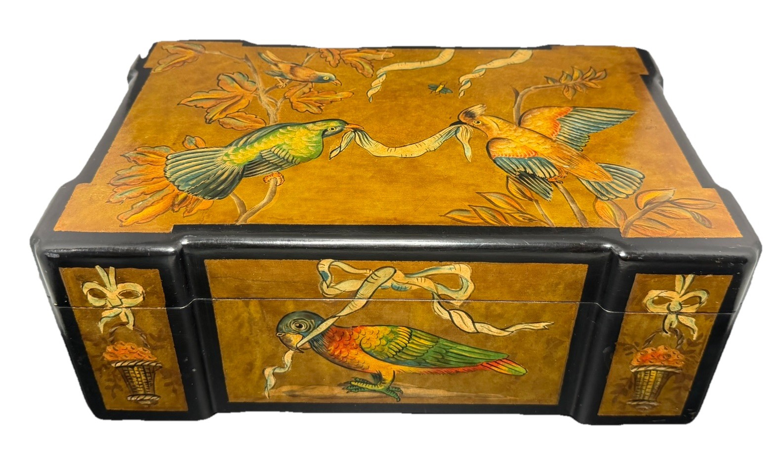 Vintage Chinoiserie Hand Painted Wooden Box Parrot Birds Floral Gold Leaf 14”