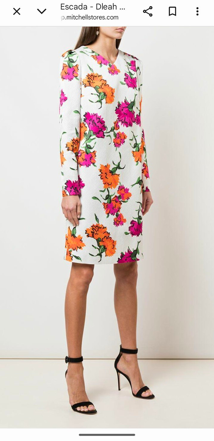 $1.5K New Escada White Floral V-Neck Long Sleeve Shift Knee Length Dress 38 8 M