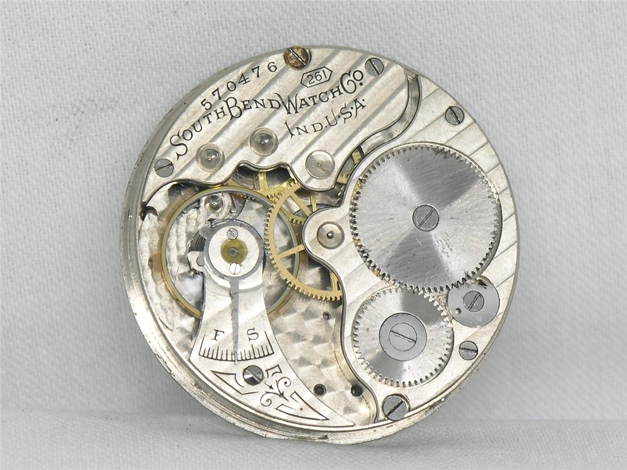 ANTIQUE 16S SOUTH BEND GRADE 261 NICKEL 7 JWL POCKETWATCH MOV'T & DIAL, RUNNING
