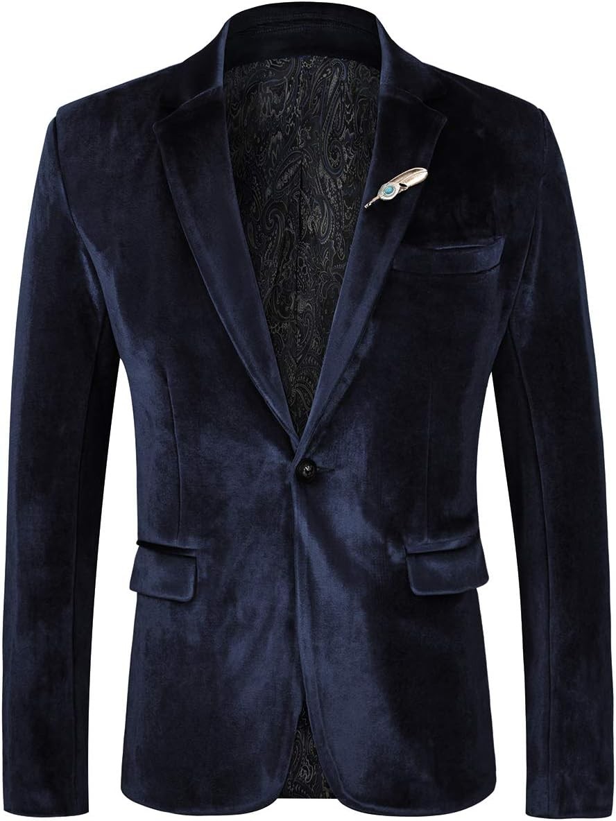 Men\'s Slim Fit Velvet Blazer One Button Formal Tuxedo Jacket for Prom Wedding