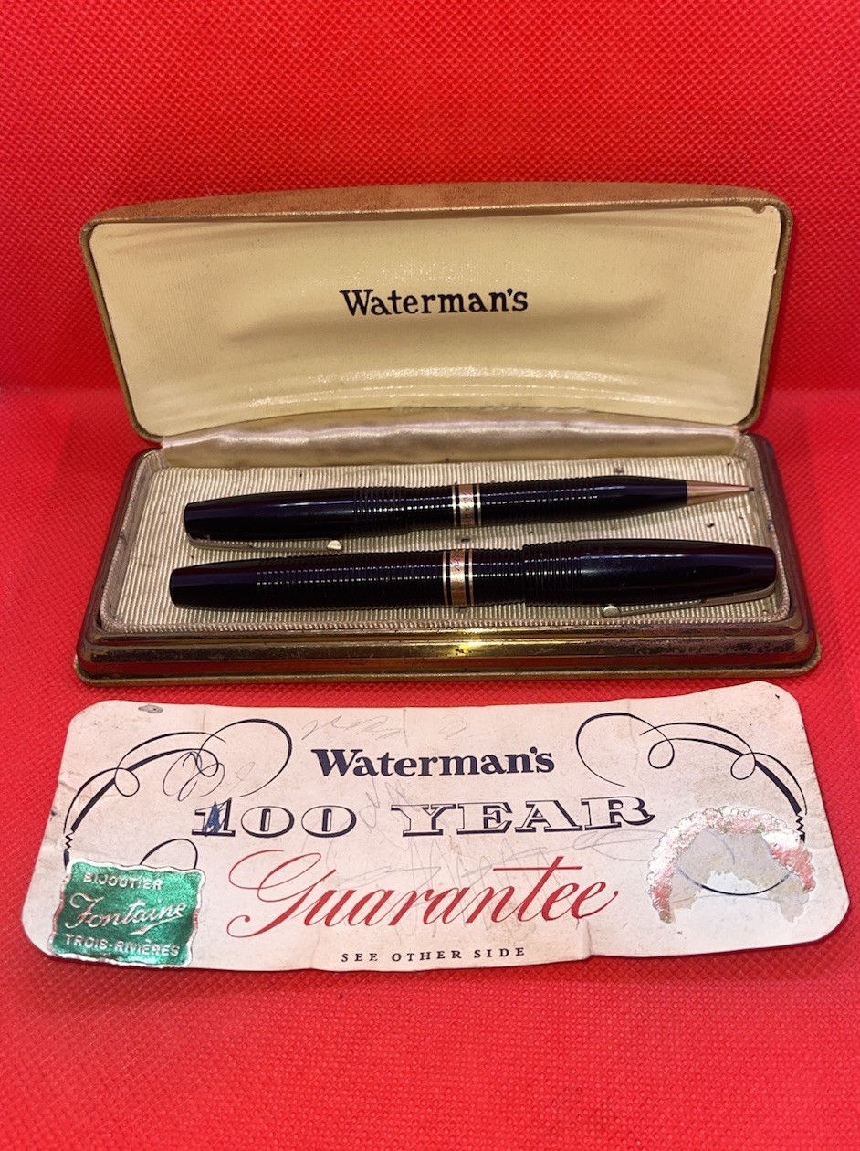 1940s Waterman’s Ideal Fountain Pen & Mechanical Pencil w/ Box & Papers 14k Nib